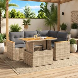 Garden Sofa Set 5 Piece Outdoor Furniture Beige Poly Rattan Modular with