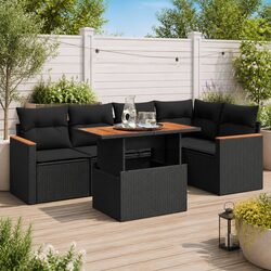 5 Piece Garden Sofa Set - Black, PE Rattan, Acacia Frame