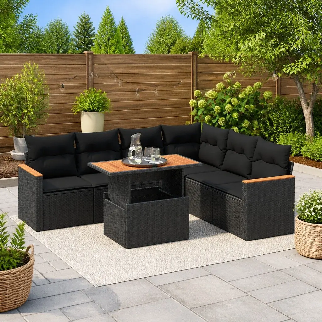 7 Piece Outdoor Garden Sofa Set for Patio Black Poly Rattan with Cushions