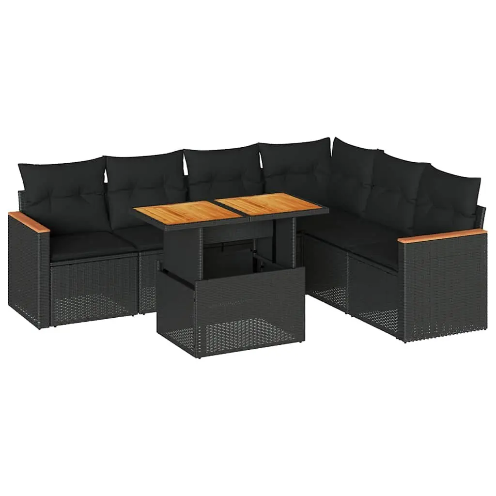 7 Piece Outdoor Garden Sofa Set for Patio Black Poly Rattan with Cushions