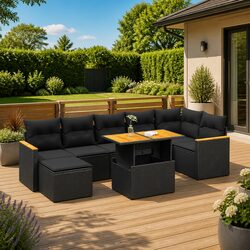 Specifications for 8 Piece Garden Sofa Set: Black, PE Rattan