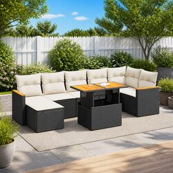 8 Piece Black Rattan Garden Sofa Set with Cushions and Storage