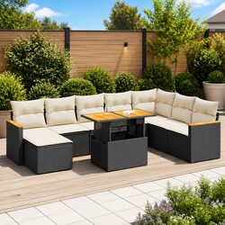 9 Piece Garden Sofa Set Black Poly Rattan Outdoor Furniture with Cushions