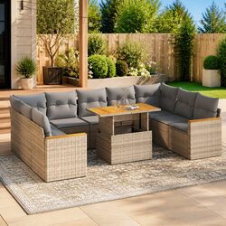 10 Piece Outdoor Garden Sofa Set - Beige Rattan