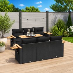 7 Piece Outdoor Garden Sofa Set: Black Poly Rattan & Acacia Wood