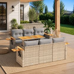 7 Piece Garden Sofa Set Outdoor Furniture Cushions Beige Poly Rattan Modular