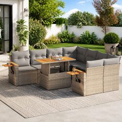 9 Piece Garden Sofa Set: Beige, PE Rattan, Acacia Wood