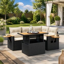 Outdoor Garden Sofa Set 4 Piece Black Poly Rattan Patio Furniture with Cushions