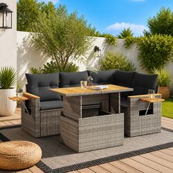 4 Piece Garden Sofa Set Grey Poly Rattan Outdoor Furniture with Storage Cushions