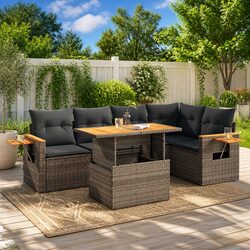 5 Piece Garden Sofa Set Grey Poly Rattan Outdoor Furniture with Storage Cushions