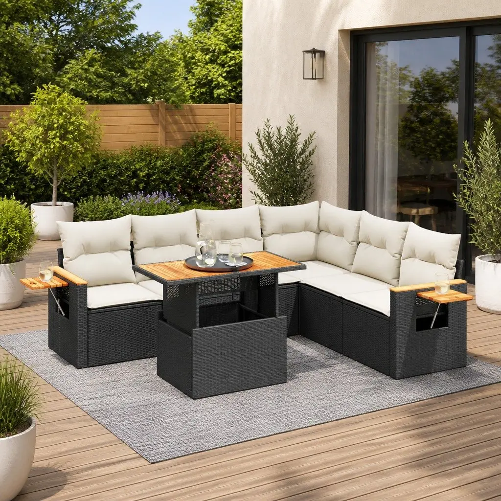 Garden Sofa Set Outdoor Furniture 6 Piece Black Poly Rattan