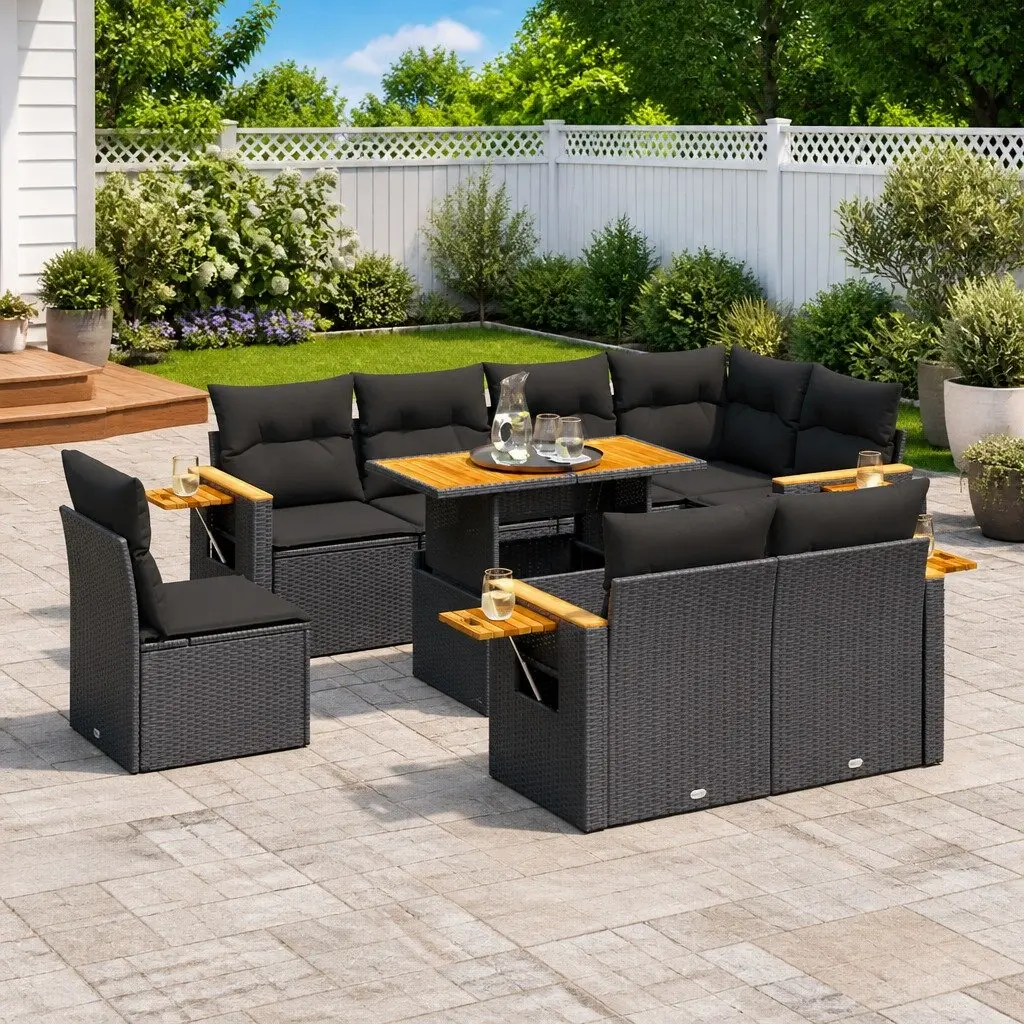 9 Piece Garden Sofa Set Outdoor Patio Furniture Black Poly Rattan with Cushions