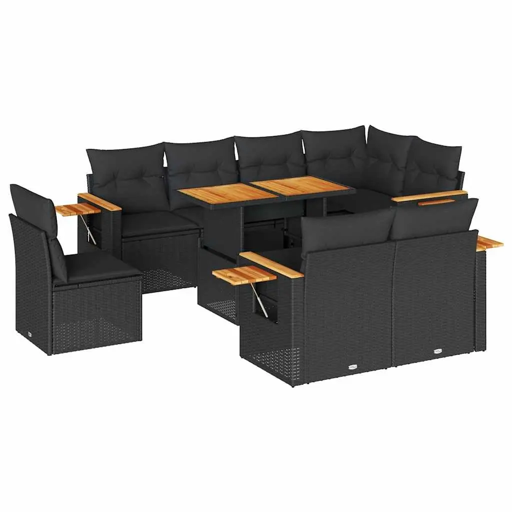 9 Piece Garden Sofa Set Outdoor Patio Furniture Black Poly Rattan with Cushions