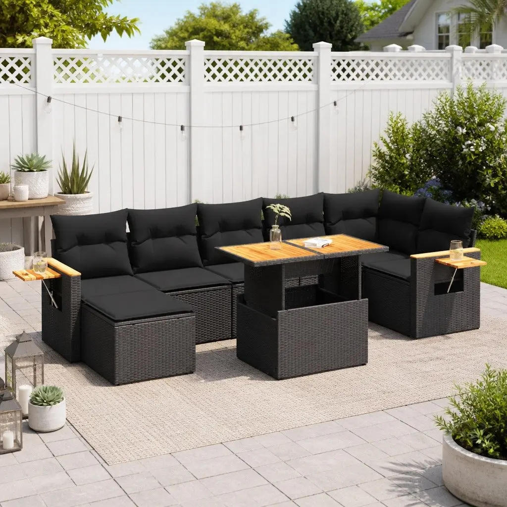 Outdoor Sofa Set 8 Piece for Garden and Patio Black Poly Rattan with Storage Compartments and Removable Cushion Covers