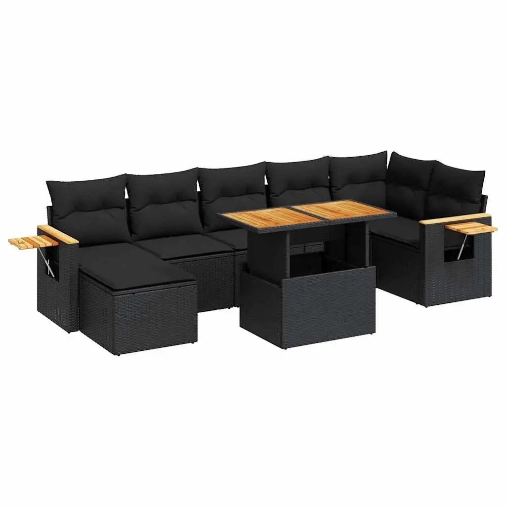 Outdoor Sofa Set 8 Piece for Garden and Patio Black Poly Rattan with Storage Compartments and Removable Cushion Covers