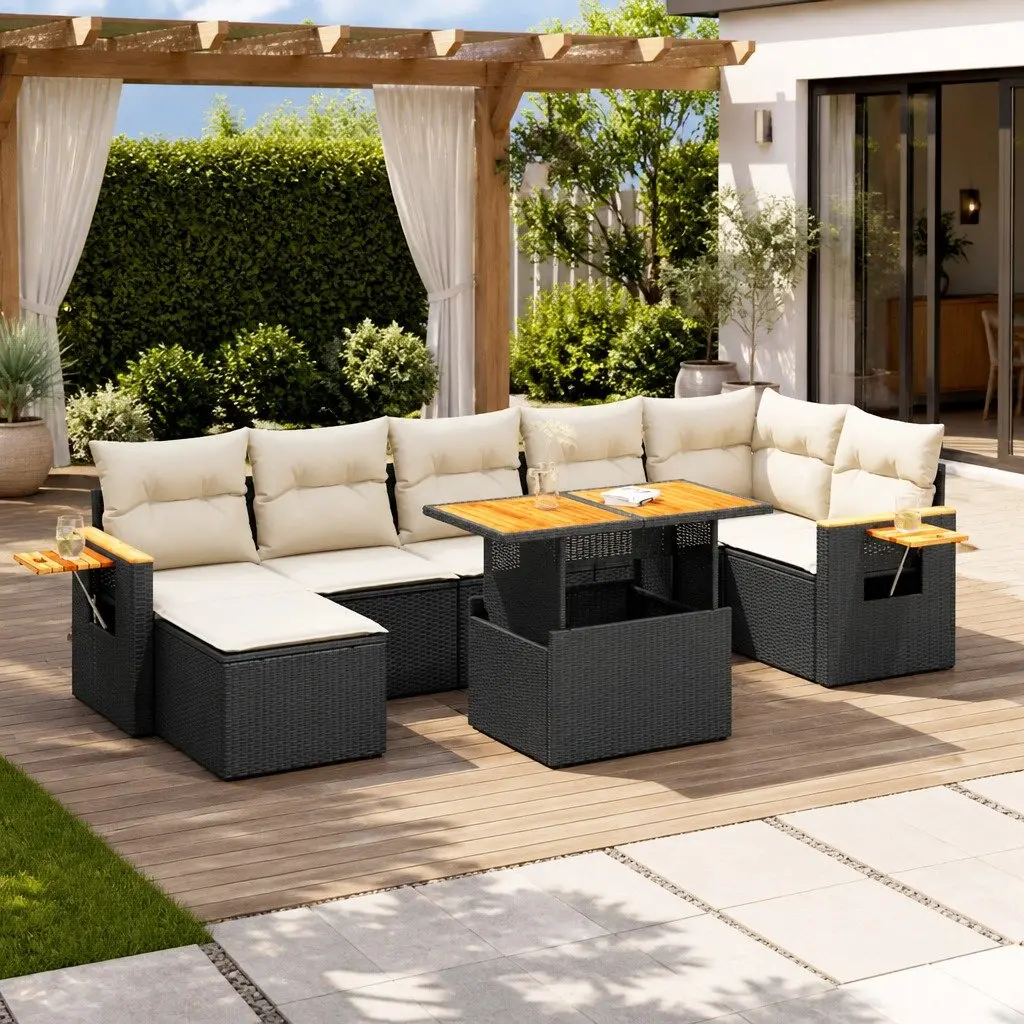 Garden Sofa Set 8 Piece Outdoor Furniture Black Poly Rattan with Storage