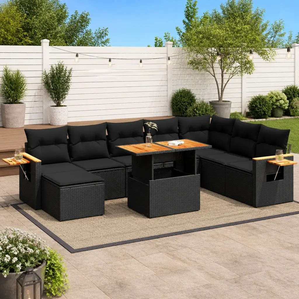 Garden Sofa Set Outdoor Furniture 9 Piece Black Poly Rattan with Cushions