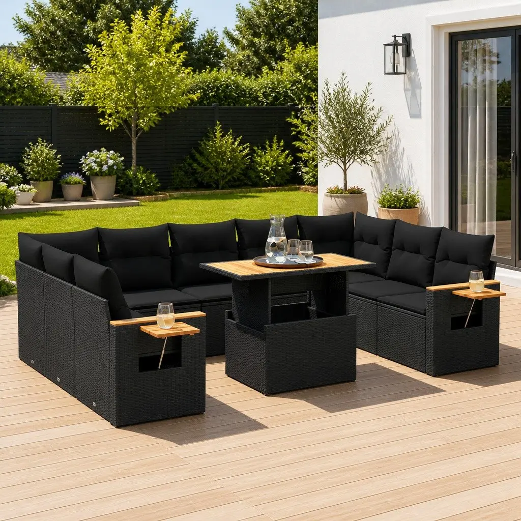 Garden Sofa Set Outdoor Furniture 10 Piece Black Poly Rattan Patio Lounge