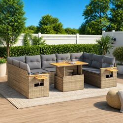 Garden Sofa Set 10 Piece Outdoor Furniture Beige Poly Rattan Patio Lounge with