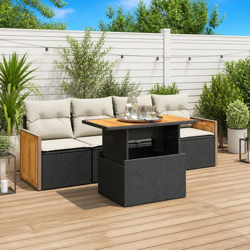 5 Piece Black Poly Rattan Sofa Set