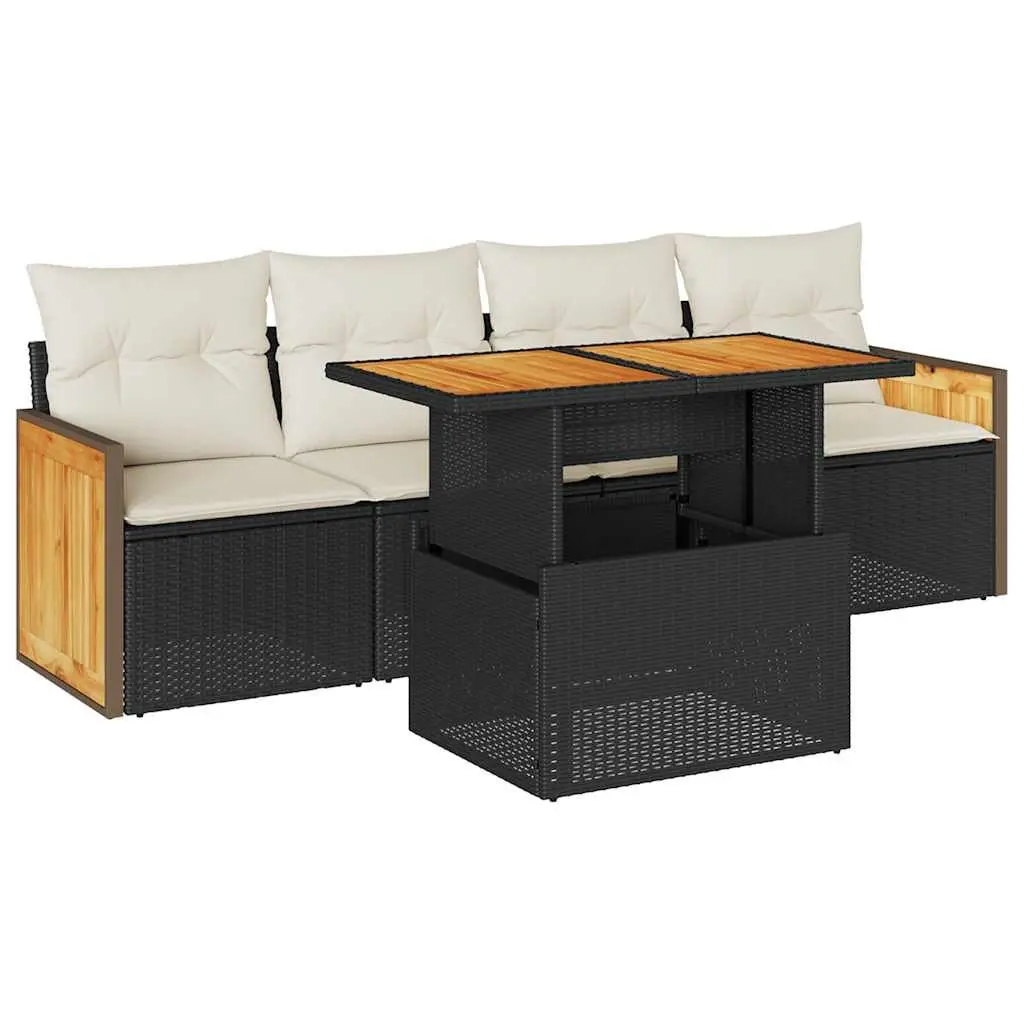 5 Piece Black Poly Rattan Sofa Set