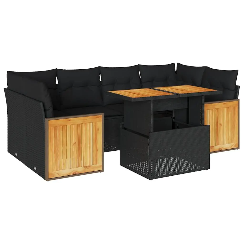 7 Piece Garden Sofa Set with Cushions Black Poly Rattan Outdoor Furniture Patio