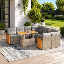 Garden Sofa Set 9 Piece Outdoor Patio Furniture Beige Poly Rattan with Cushions