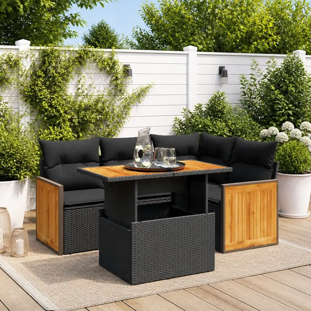 5 Piece Garden Sofa Set Outdoor Patio Furniture Black Poly Rattan Modular