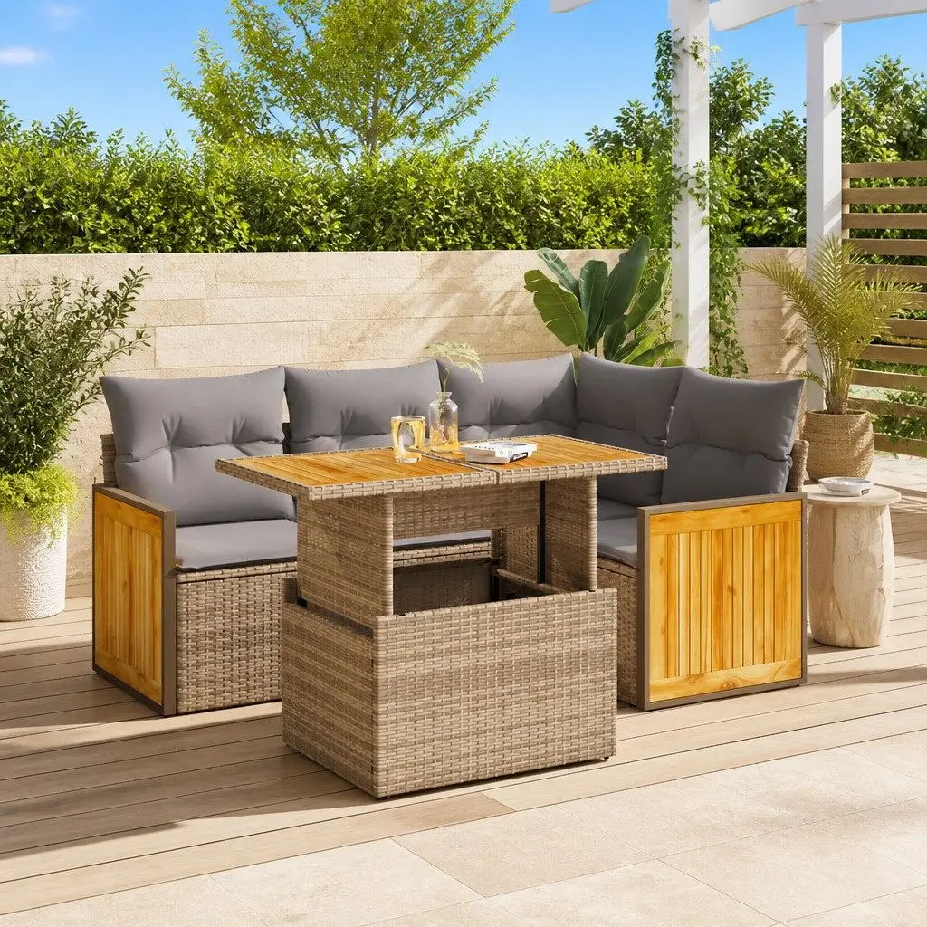 5 Piece Outdoor Garden Sofa Set Beige Poly Rattan Patio Furniture with Cushions