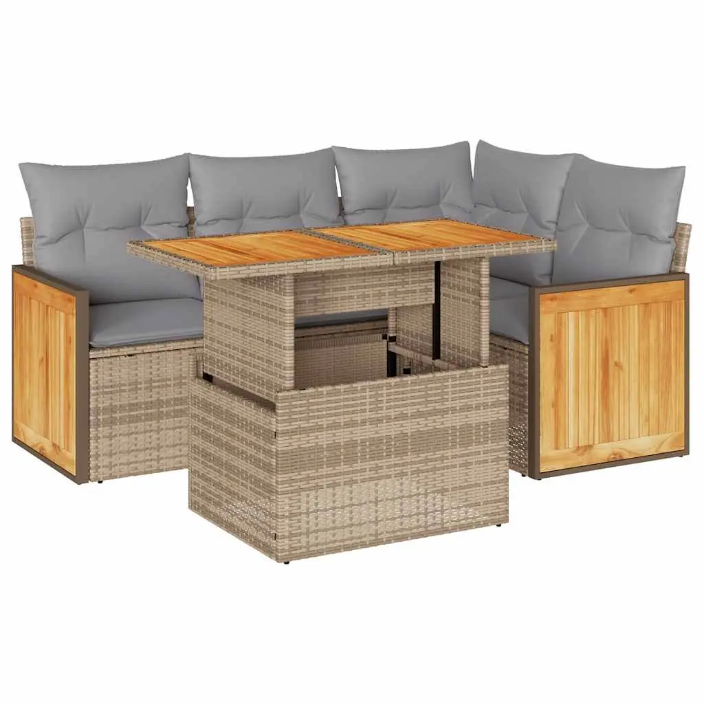 5 Piece Outdoor Garden Sofa Set Beige Poly Rattan Patio Furniture with Cushions