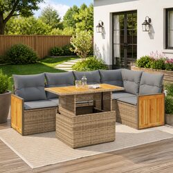 6 Piece Outdoor Sofa Set: Beige Modular Rattan Furniture
