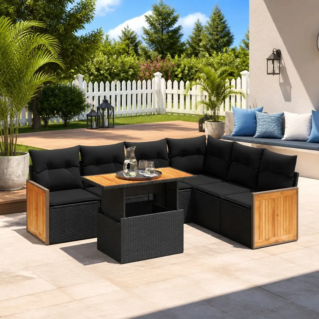7 Piece Garden Sofa Set for Outdoor Patio Black Poly Rattan with Cushions