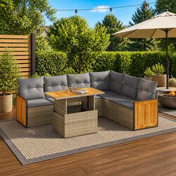 7 Piece Garden Sofa Set: Beige Cushions and PE Rattan