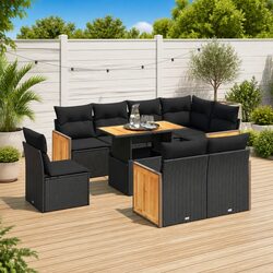 Garden Sofa Set 9 Piece Outdoor Furniture Black Poly Rattan with Cushions