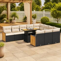 Garden Sofa Set 11 Piece Outdoor Furniture Black Poly Rattan with Cushions