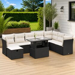 9-Piece Garden Sofa Set: Black Poly Rattan, Cushions Included