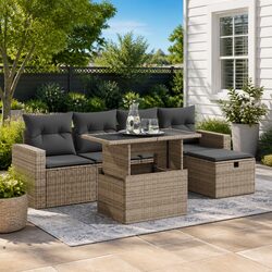 Functional 6 Piece Grey Garden Sofa Set with Storage