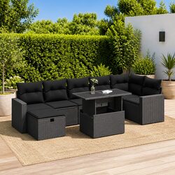 8 Piece Outdoor Garden Sofa Set with Cushions Storage Black Poly Rattan