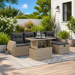 Garden Sofa Set 6 Piece Outdoor Furniture Grey Poly Rattan Modular Patio Lounge