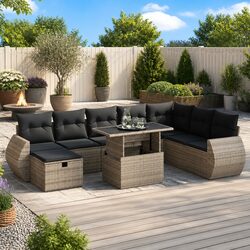 9-Piece Garden Sofa Set: Grey Poly Rattan Furniture