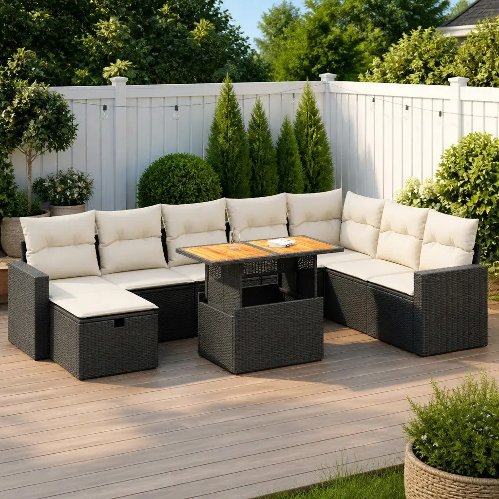 9 Piece Black PE Rattan Modular Patio Sofa Set