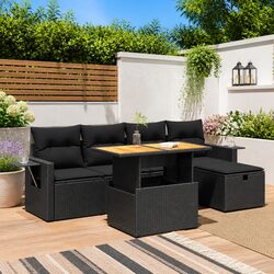 Garden Sofa Set 6 Piece Modular Black Poly Rattan with Cushions and Storage