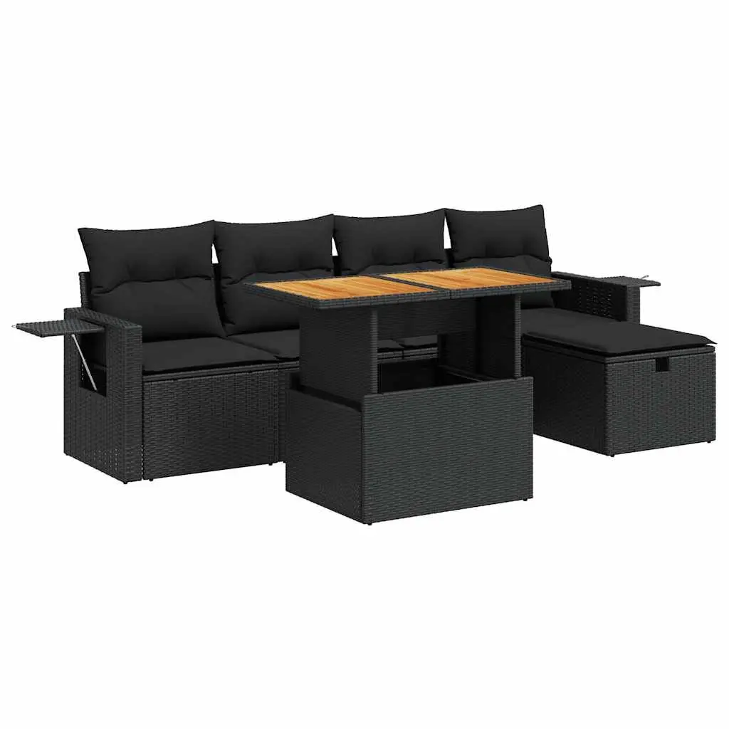 Garden Sofa Set 6 Piece Modular Black Poly Rattan with Cushions and Storage