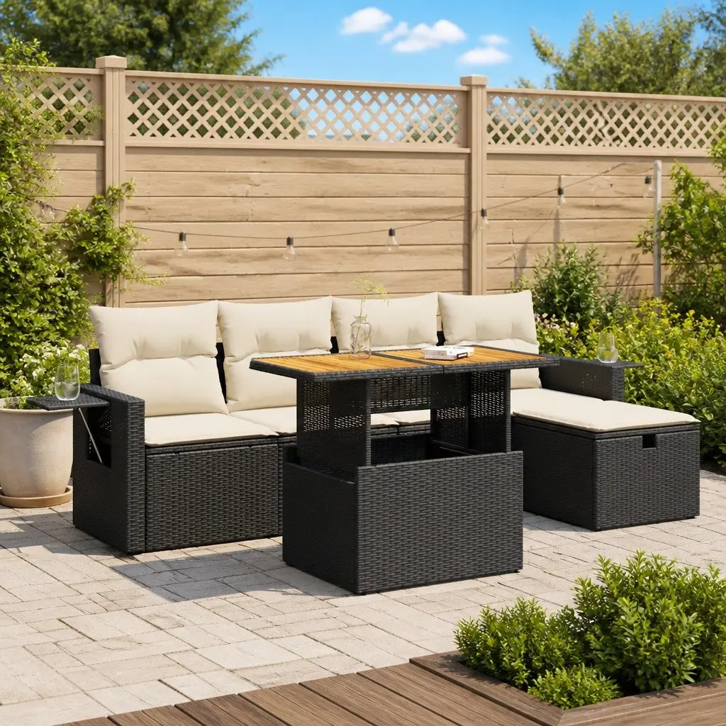Garden Sofa Set Outdoor Use 6 Piece Black PE Rattan with Cushions