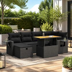 8 Piece Modular Garden Sofa Set with Cushions - Black Rattan
