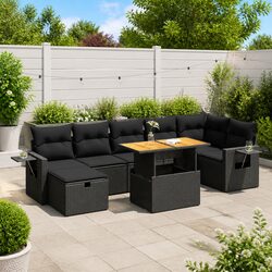 Garden Sofa Set - 5 Pieces, Black PE Rattan, Acacia Frame