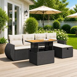 Garden Sofa Set 6 Piece Outdoor Furniture Black Poly Rattan with Cushions