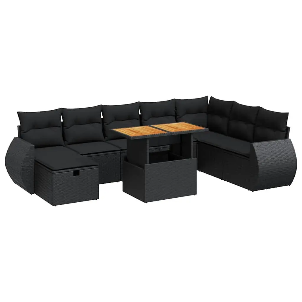 Garden Sofa Set 9 Piece Outdoor Furniture Black Poly Rattan with Cushions