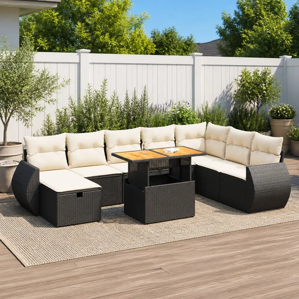 Outdoor Sofa Set for Patio 9 Piece Black Poly Rattan with Cushions