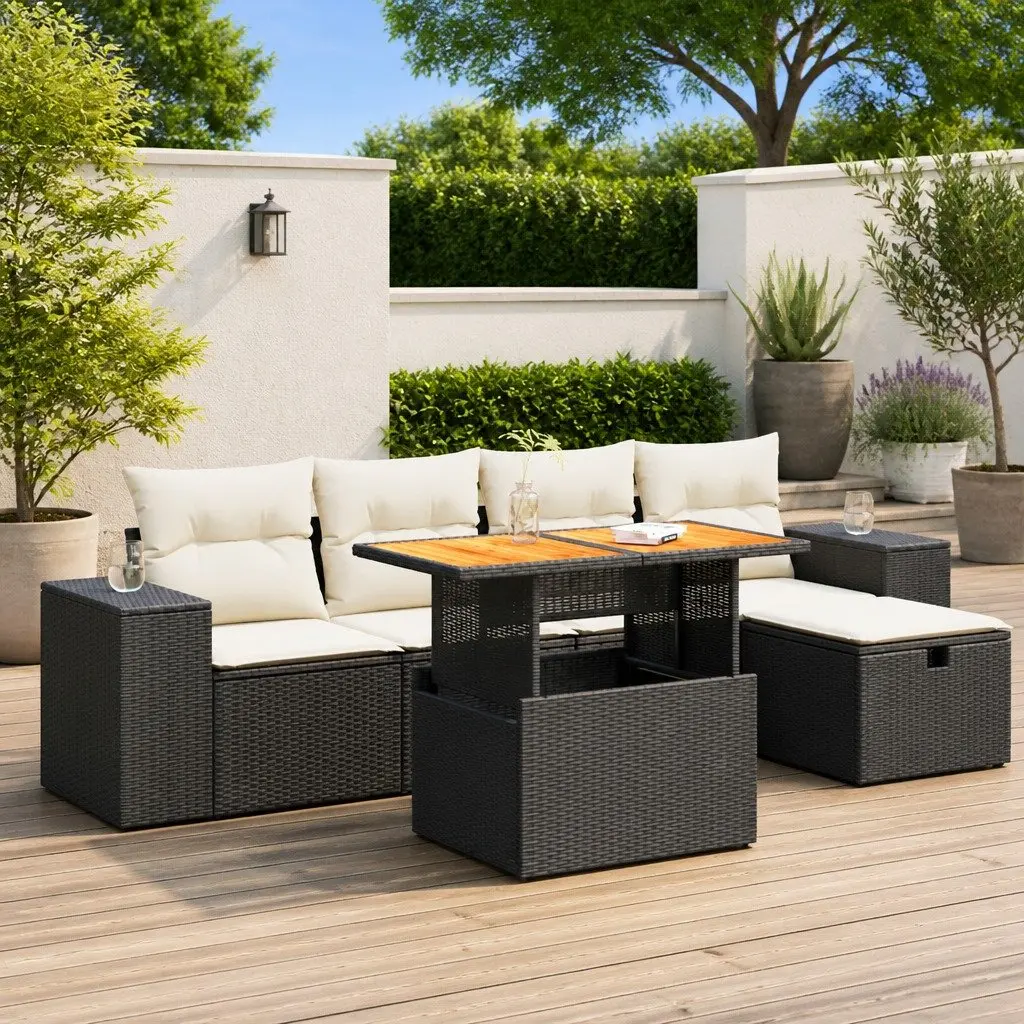 Garden Sofa Set 6 Piece Outdoor Furniture Black Poly Rattan with Cushions